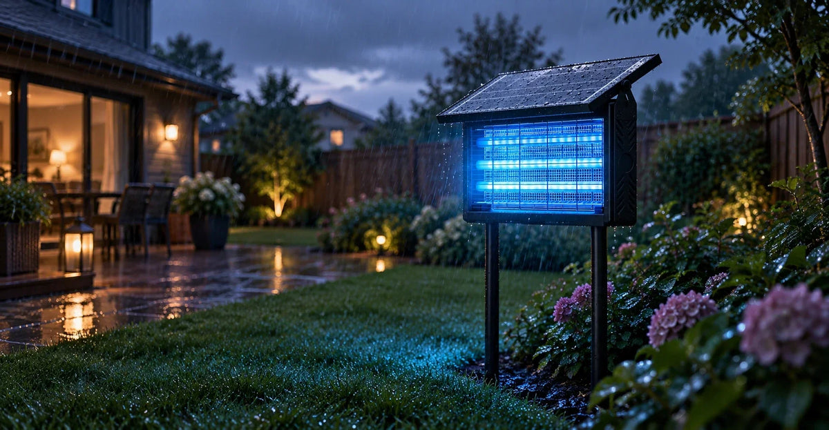 Solar bug zapper glowing outdoors during light rain at dusk