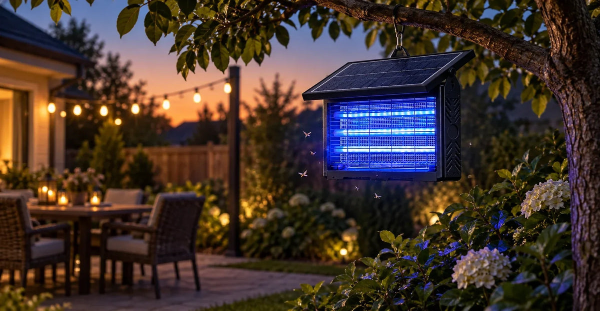 Solar bug zapper hanging from a tree branch at ideal height near garden shrubs, positioned away from a patio dining area at dusk