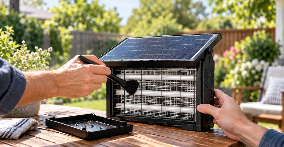 Hands using a soft brush to clean the UV grid of a Murutoi solar bug zapper during routine maintenance