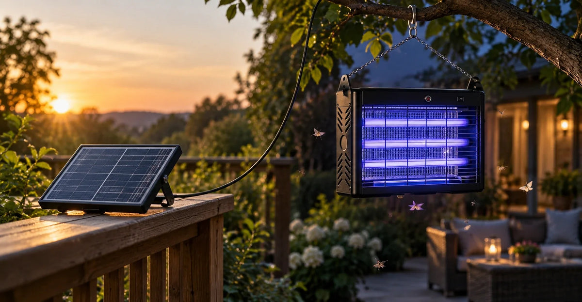 Solar bug zapper charging by day, glowing with UV light at dusk