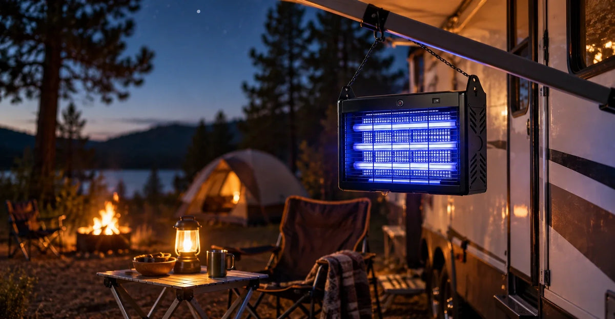 Solar bug zapper glowing at an RV campsite at dusk