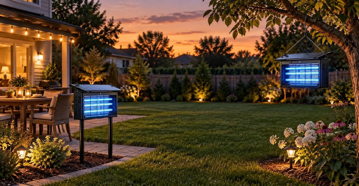 Two solar bug zappers placed in separate zones of a large backyard — one  mounted on ground stakes near the patio, one hanging from a tree near the  garden — illustrating yard coverage planning