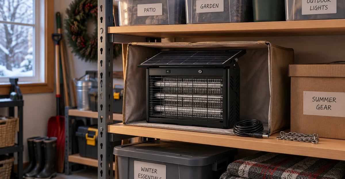 Solar bug zapper stored on a garage shelf next to its coiled DC charging  cable, ready for off-season winter storage