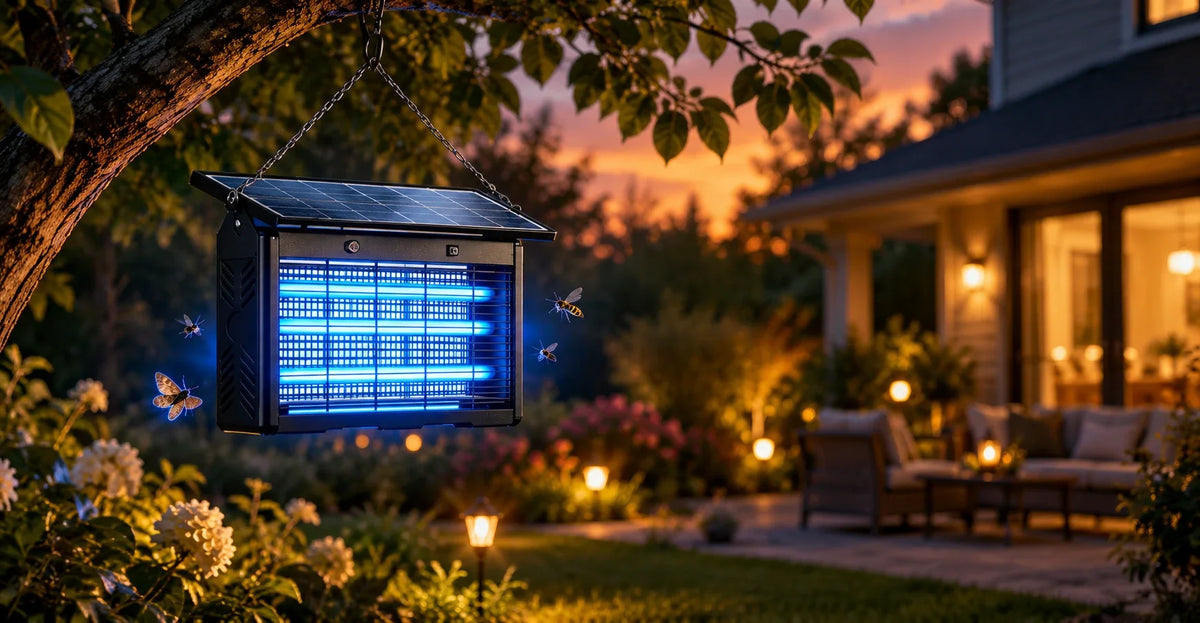 Black solar bug zapper with three UV tube lights hanging from a tree branch at dusk, attracting a moth, fly, and wasp