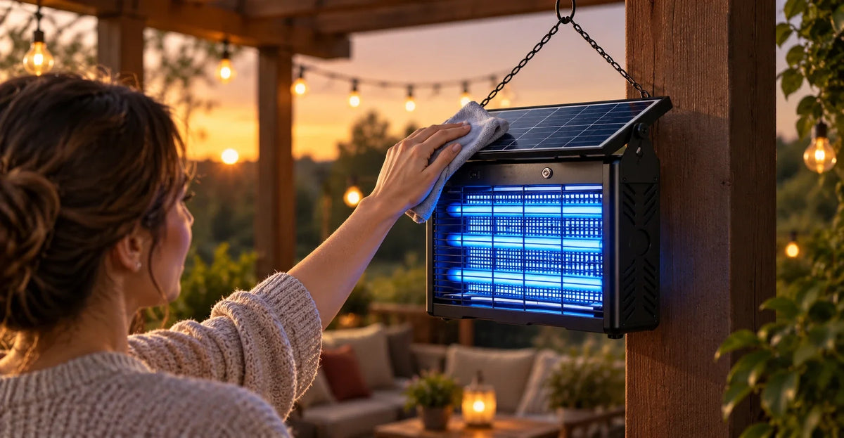 Black solar bug zapper with three UV tube lights hanging from a tree branch at dusk, attracting a moth, fly, and wasp