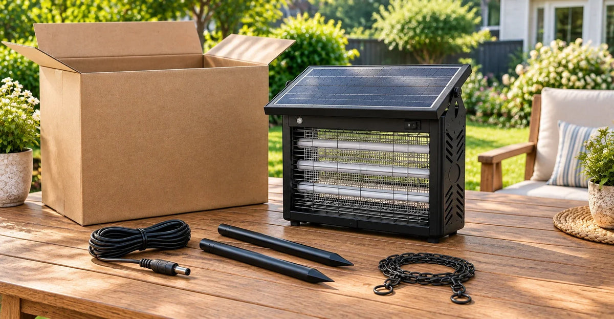 Unboxed solar bug zapper laid out on a patio table with its charging cable,  ground stakes, and packaging — ready for first-time setup