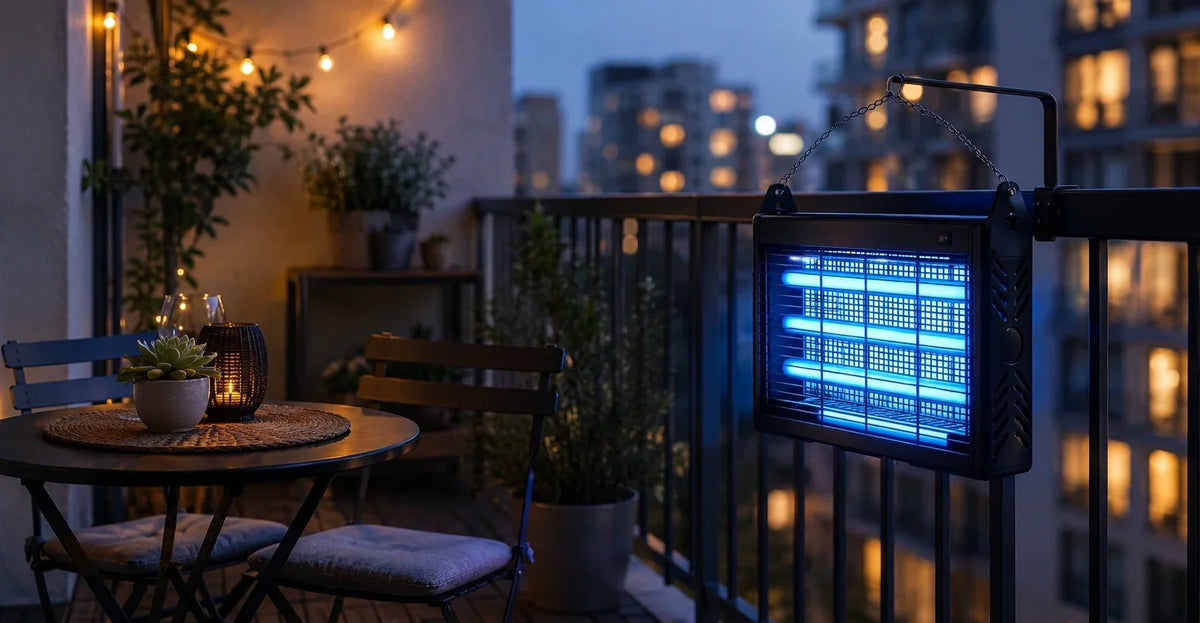 Compact solar bug zapper placed on a small apartment balcony at dusk