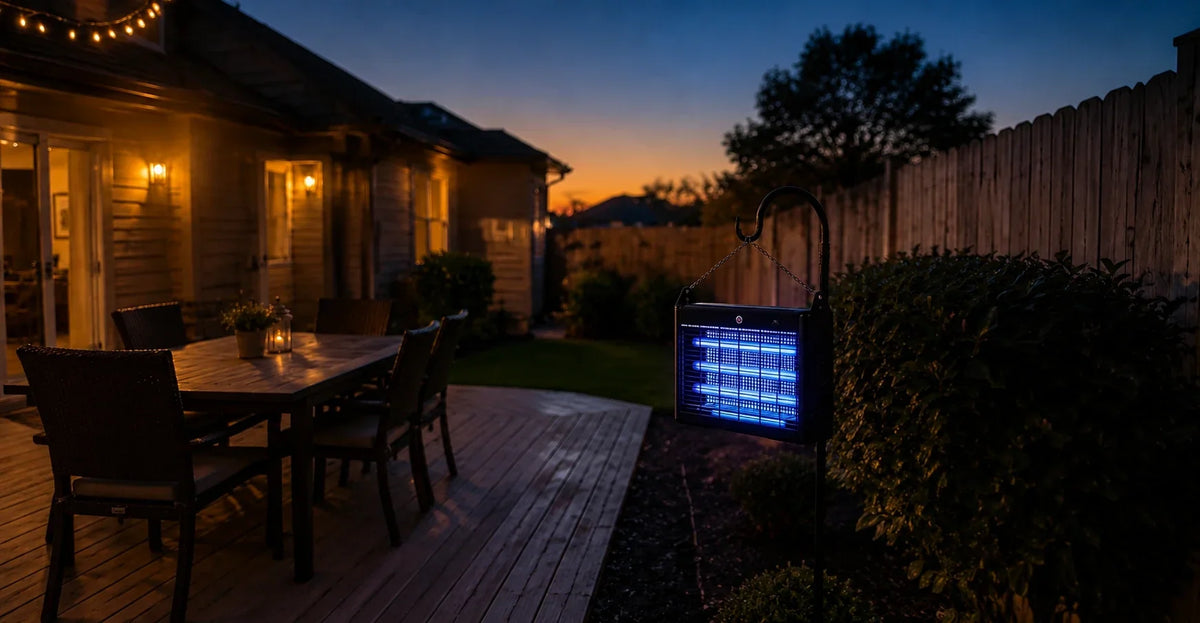 Solar bug zapper mounted outdoors showing UV light coverage across a backyard patio