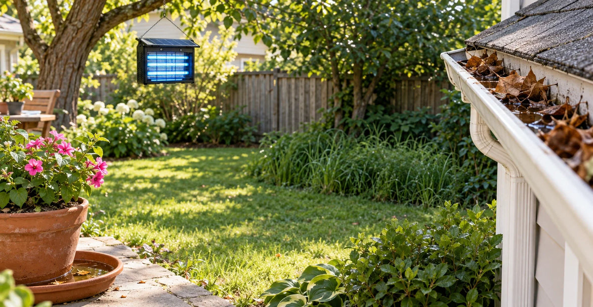 Common mosquito breeding spots around a backyard — standing water in a  flowerpot saucer, a clogged gutter, and overgrown grass — with a solar bug  zapper hanging in the background