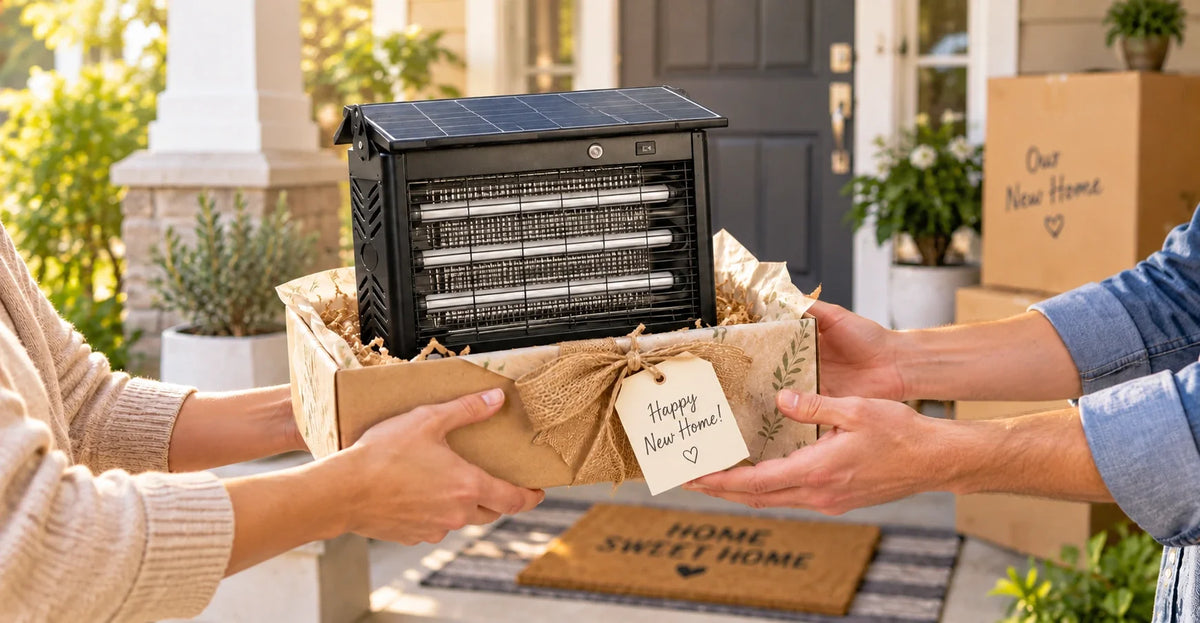 A wrapped solar bug zapper being handed over as a housewarming gift on a new home's porch, with moving boxes in the background