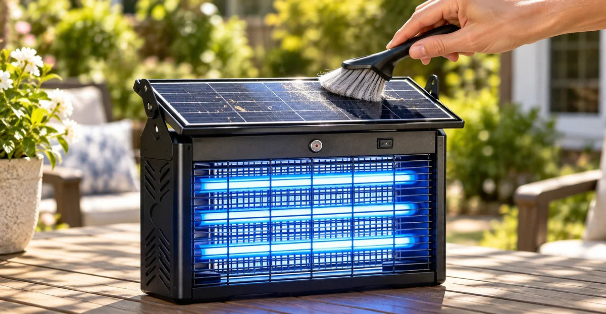 Hand using a soft-bristled brush to clean dust off the solar panel of a Murutoi solar bug zapper on a sunny patio table