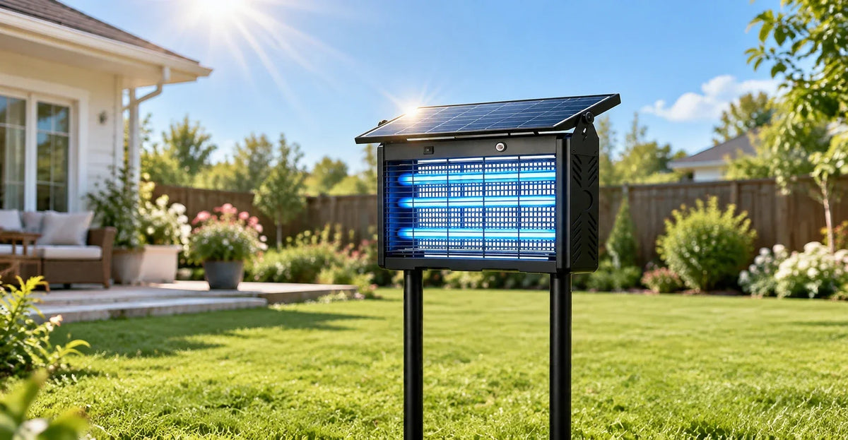 Murutoi solar bug zapper mounted on its support pole in an open, sunlit backyard lawn with no overhanging shade