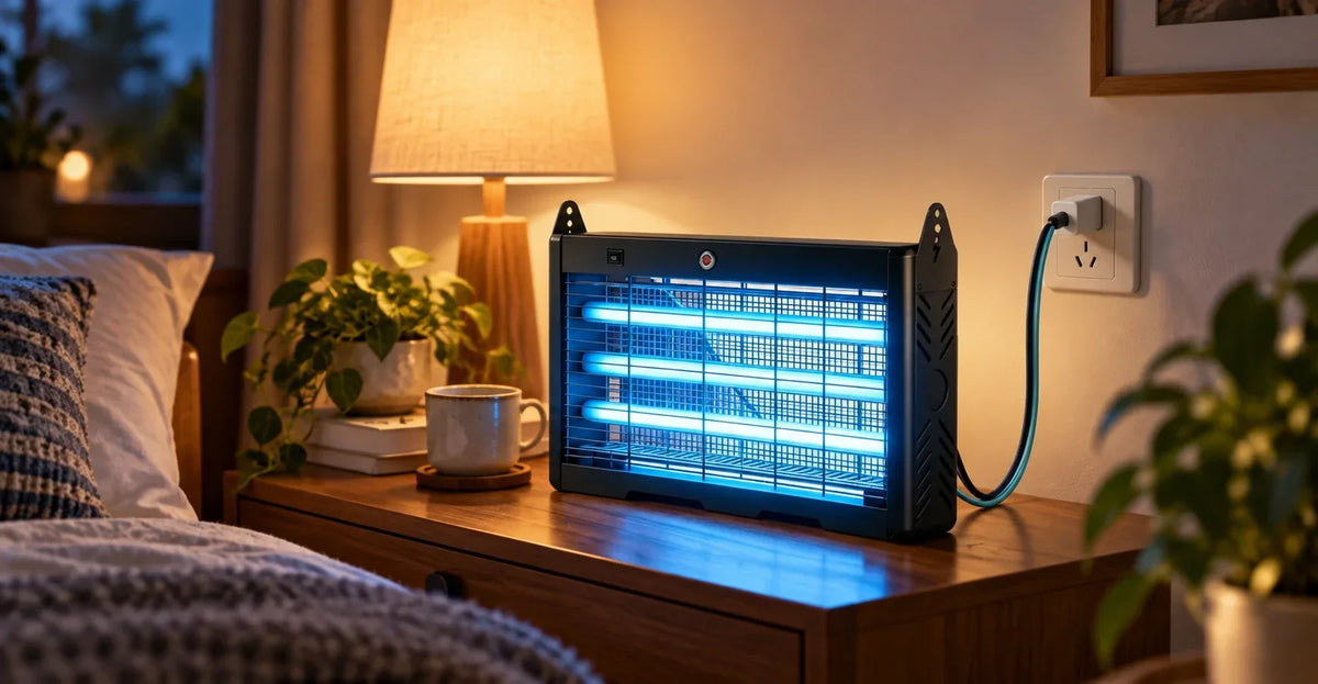 Murutoi solar bug zapper plugged in and glowing on a bedroom nightstand, showing indoor use with a wall outlet power cord