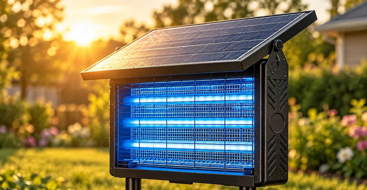 Murutoi solar bug zapper's solar panel tilted at an angle to catch direct sunlight in a backyard during golden hour