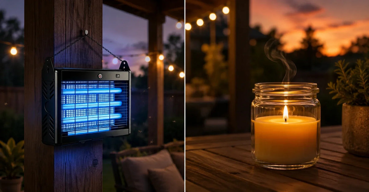 Solar bug zapper and citronella candle on a patio at dusk