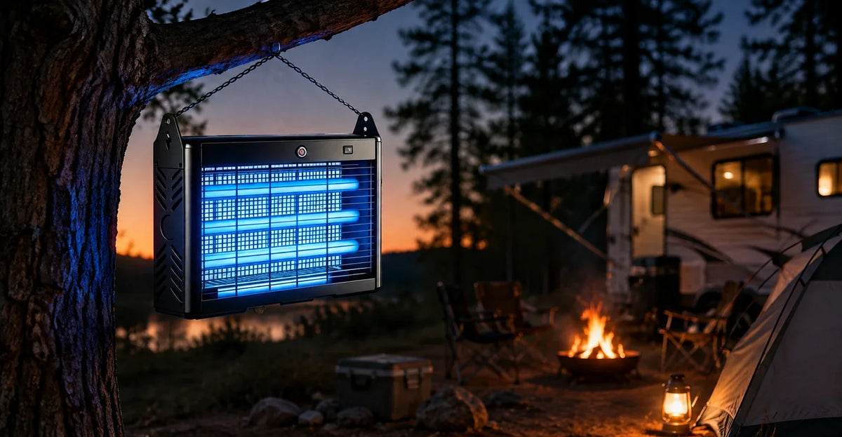 Solar bug zapper mounted near an RV awning at dusk
