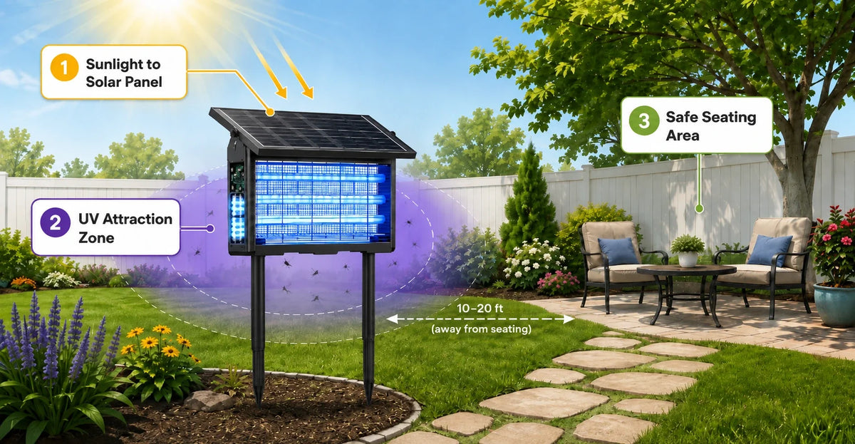 Solar bug zapper placement guide showing sunlight charging, UV attraction zone, and safe seating area in a backyard garden