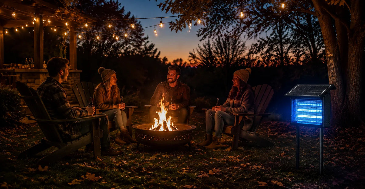 Cozy backyard bonfire gathering with friends, string lights, and a solar bug zapper providing outdoor mosquito control at night