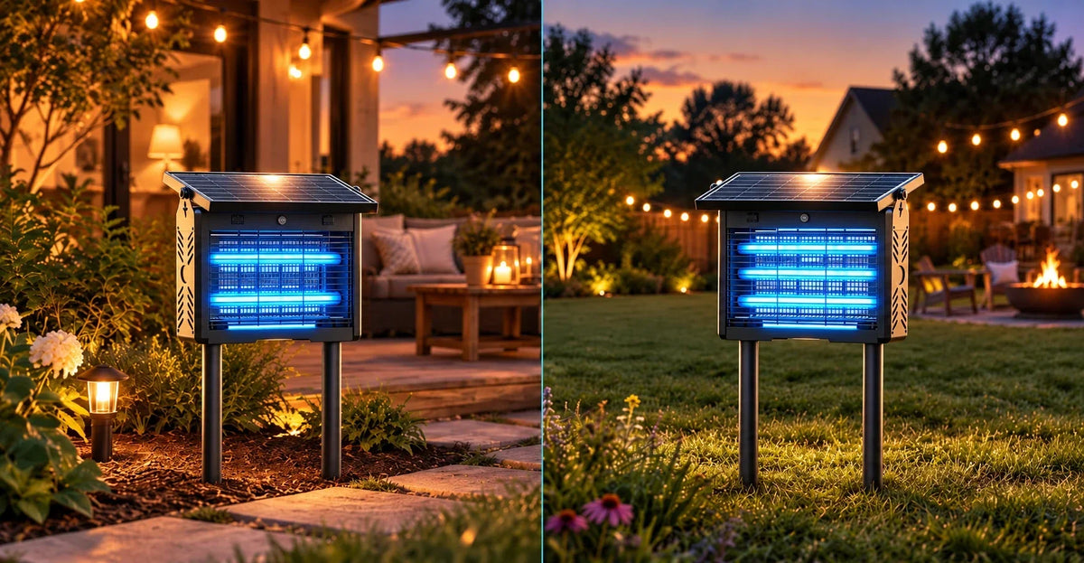 Solar bug zapper glowing outdoors in a backyard garden at night.