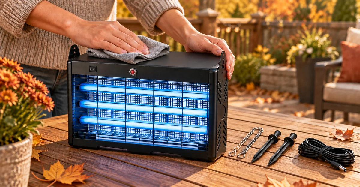 Solar bug zapper being cleaned with a cloth on an outdoor table in warm autumn sunlight.
