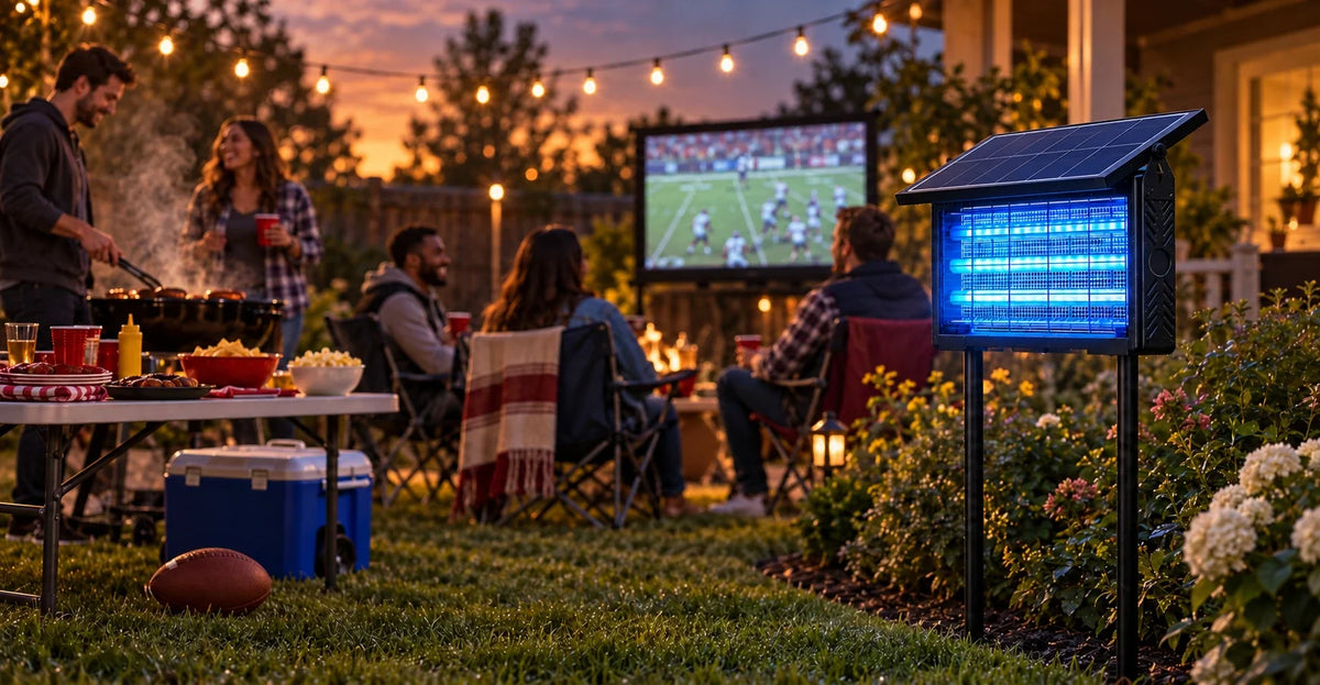 Solar bug zapper at an outdoor tailgate party during football season