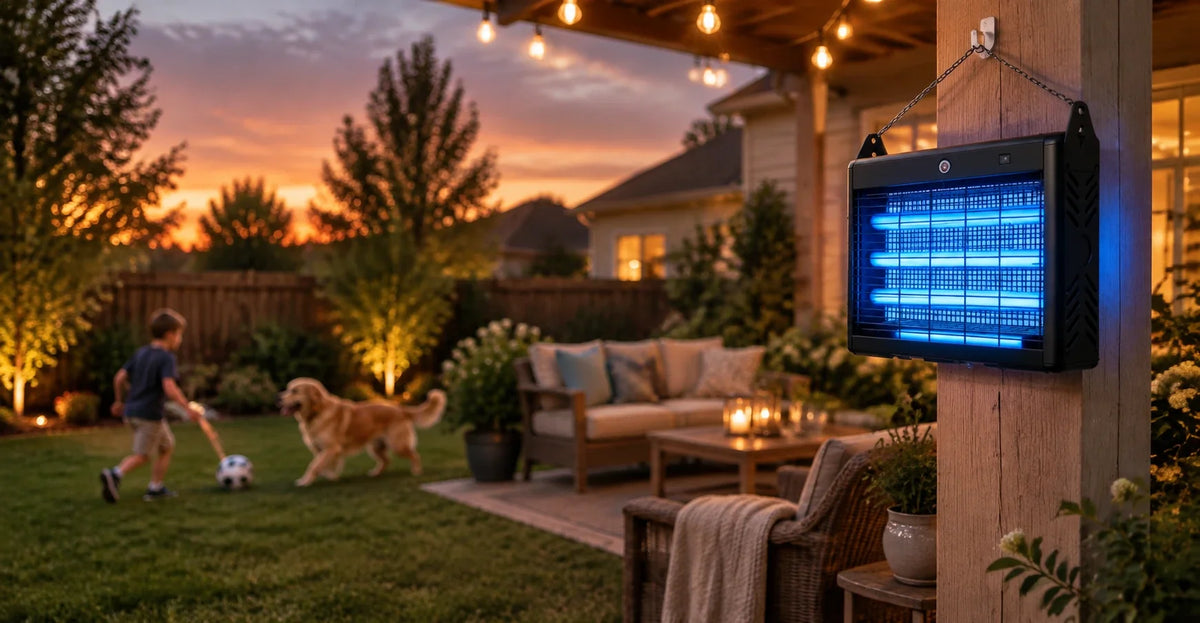 Solar bug zapper safely mounted in a backyard with kids and pets nearby