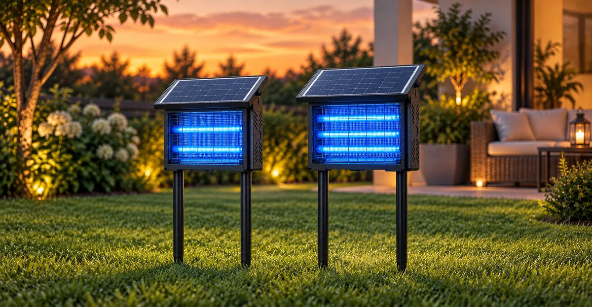 Side-by-side comparison of the Murutoi Bug Zapper G8 and Bug Zapper G8L solar mosquito lamps on a backyard patio at dusk