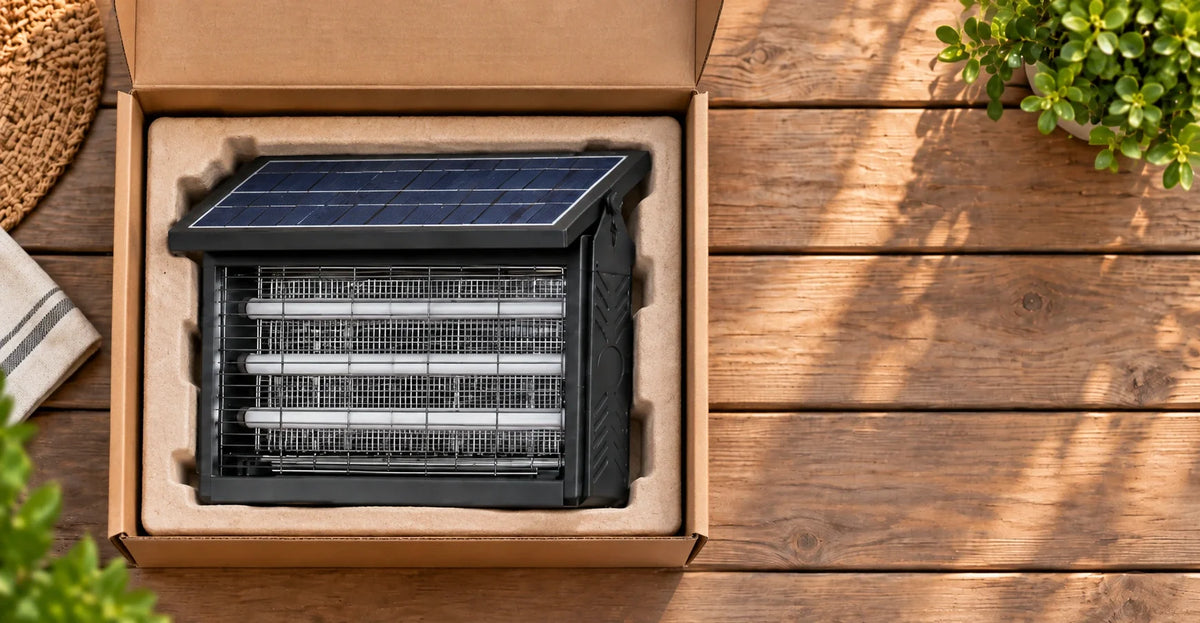 Unboxing a genuine Murutoi solar bug zapper package on a porch table, representing Murutoi's authenticity and shipping guarantees