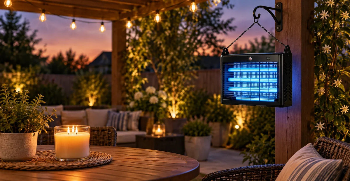 Solar bug zapper glowing next to a citronella candle on an outdoor patio table at dusk