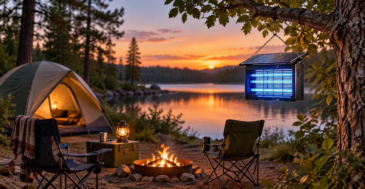 Solar bug zapper hanging from a tree branch at a campsite near a tent at dusk