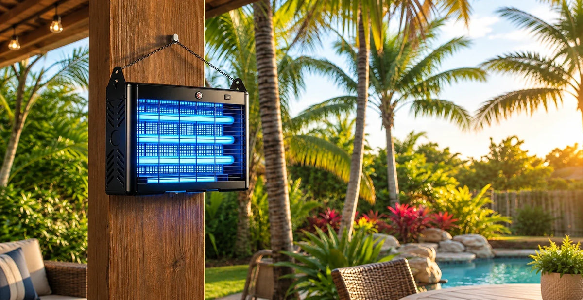 Mosquito zapper on a tropical patio at sunset.
