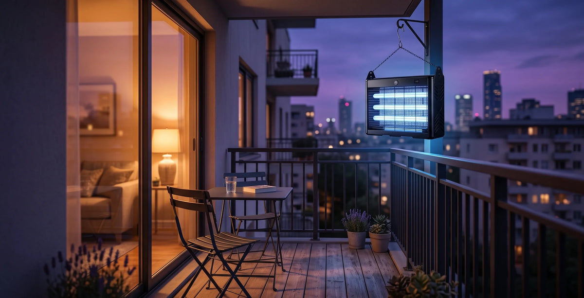 Solar bug zapper hanging from a balcony railing corner at dusk, ideal for small apartment patios