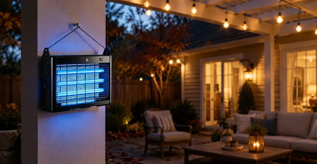 Solar bug zapper glowing on a patio in early fall