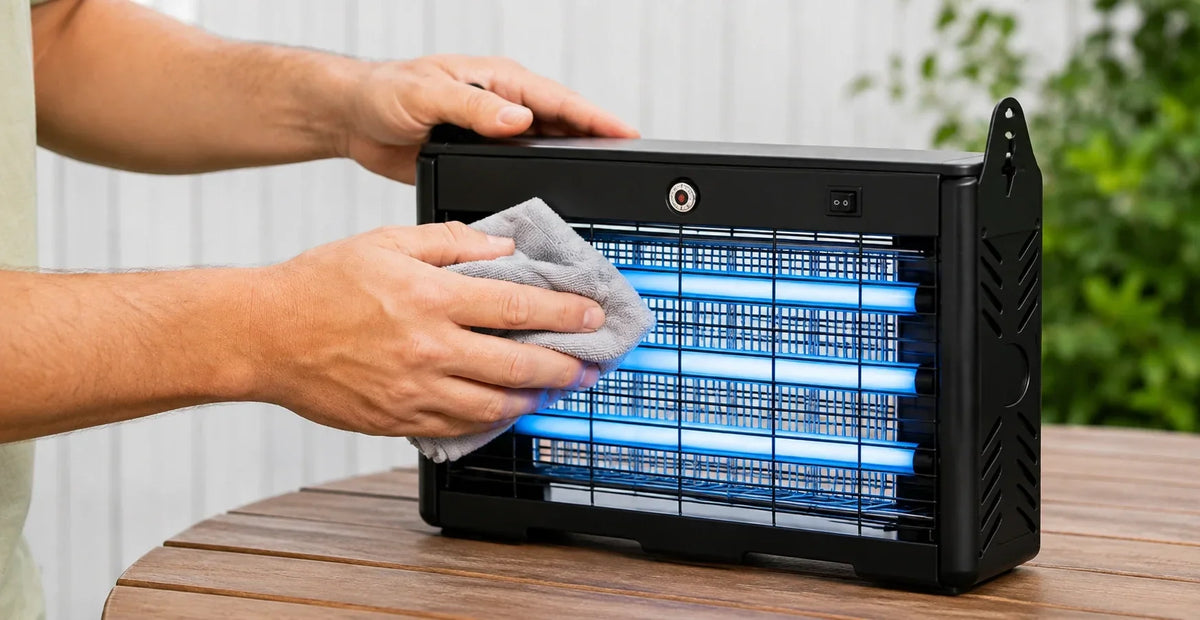 Cleaning a mosquito zapper with a soft cloth.