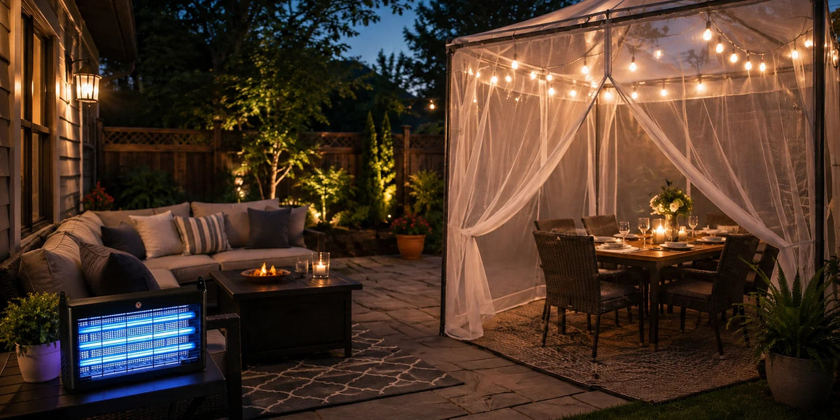 Black UV mosquito zapper glowing on a backyard patio at dusk beside outdoor seating, with a warmly lit dining table enclosed by a sheer mosquito net canopy.