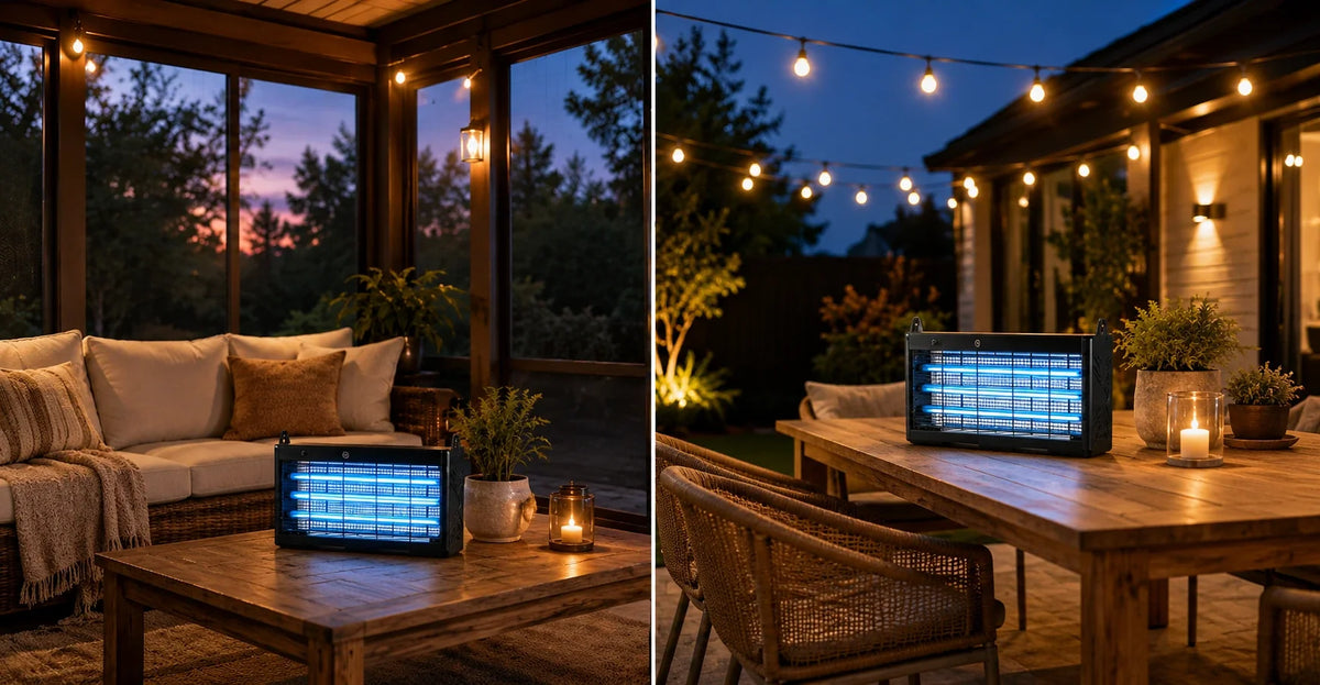 Split image comparing a bug zapper placed on a screened porch versus an open patio setting