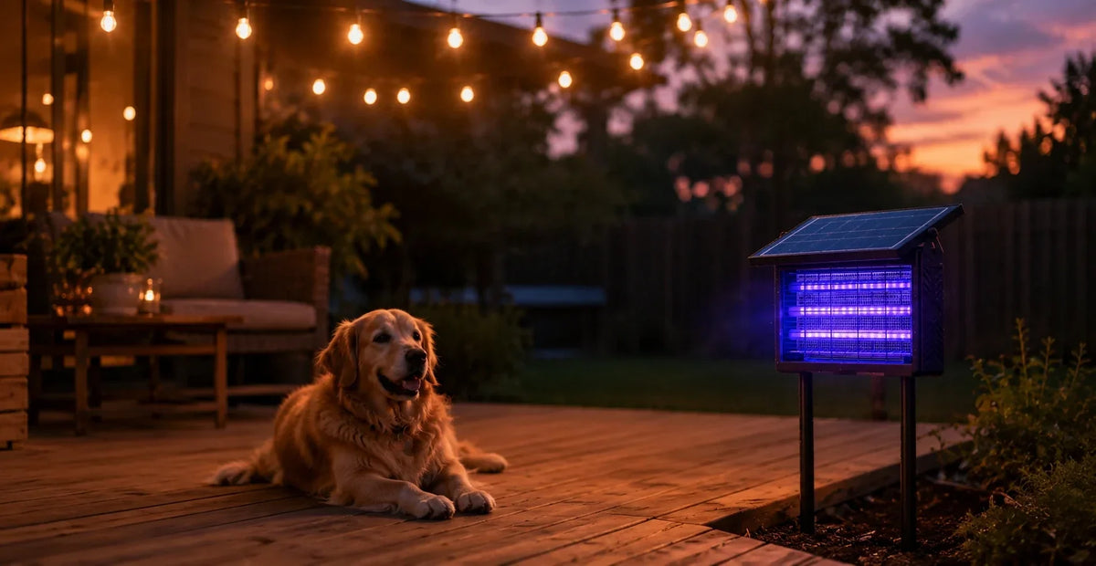 Golden retriever relaxing near a glowing outdoor bug zapper light on a backyard patio at dusk