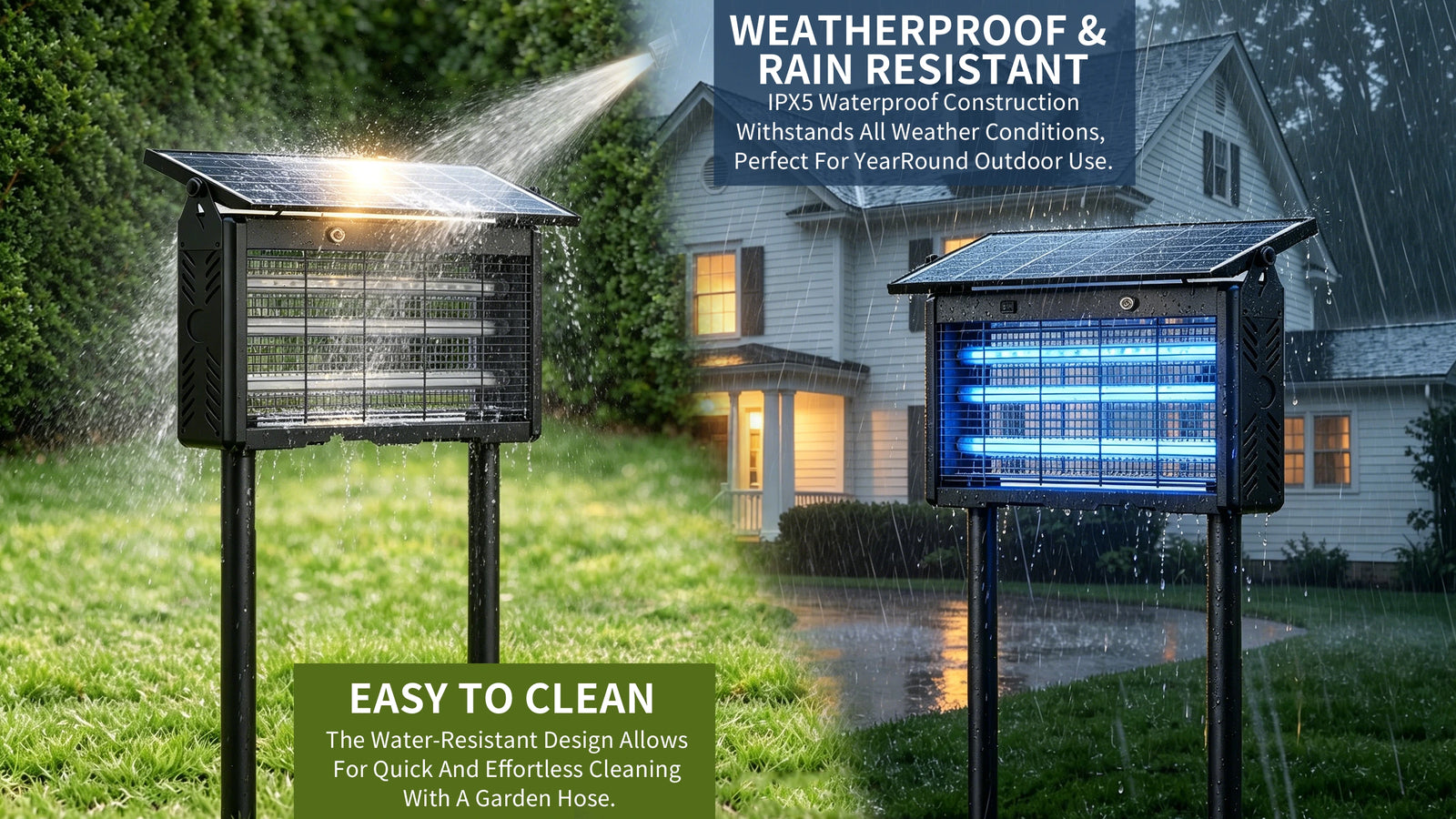 Weatherproof solar mosquito lamp with IPX5 rain resistant design for outdoor all weather garden use