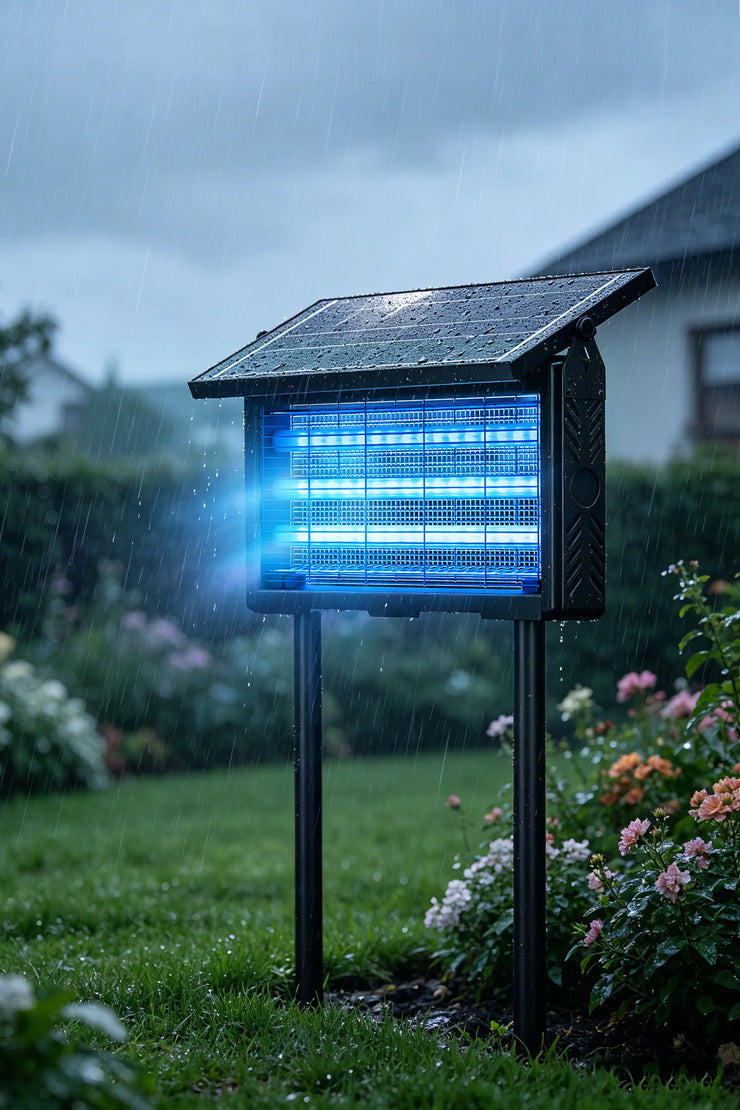 Solar mosquito lamp working in heavy rain outdoor garden showing weather resistant performance for all weather pest control