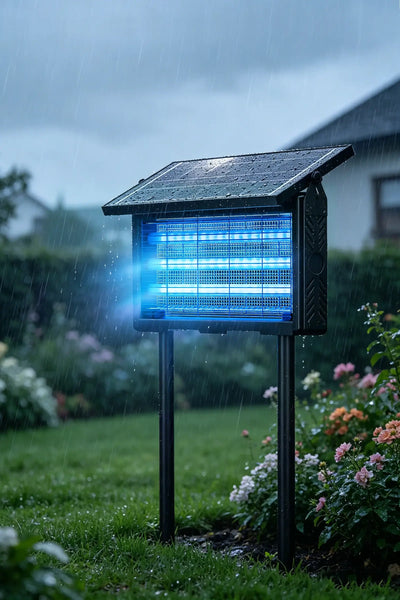 Solar mosquito lamp working in outdoor garden during rainy weather for all-weather pest control