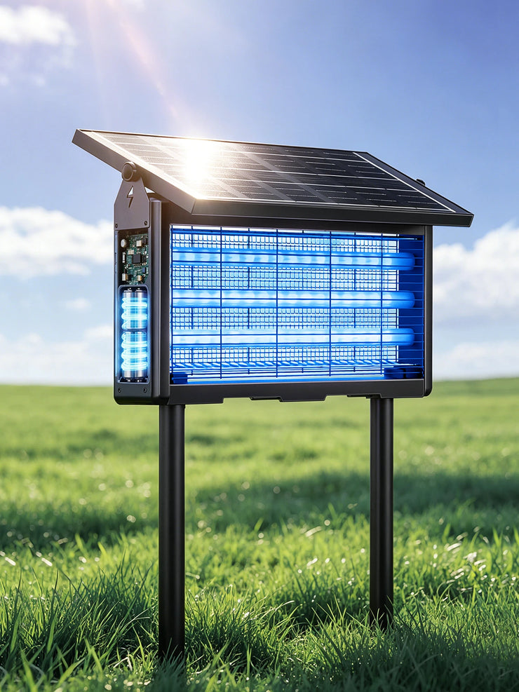 Solar mosquito lamp with integrated solar panel and stand for outdoor garden installation and self powered insect control