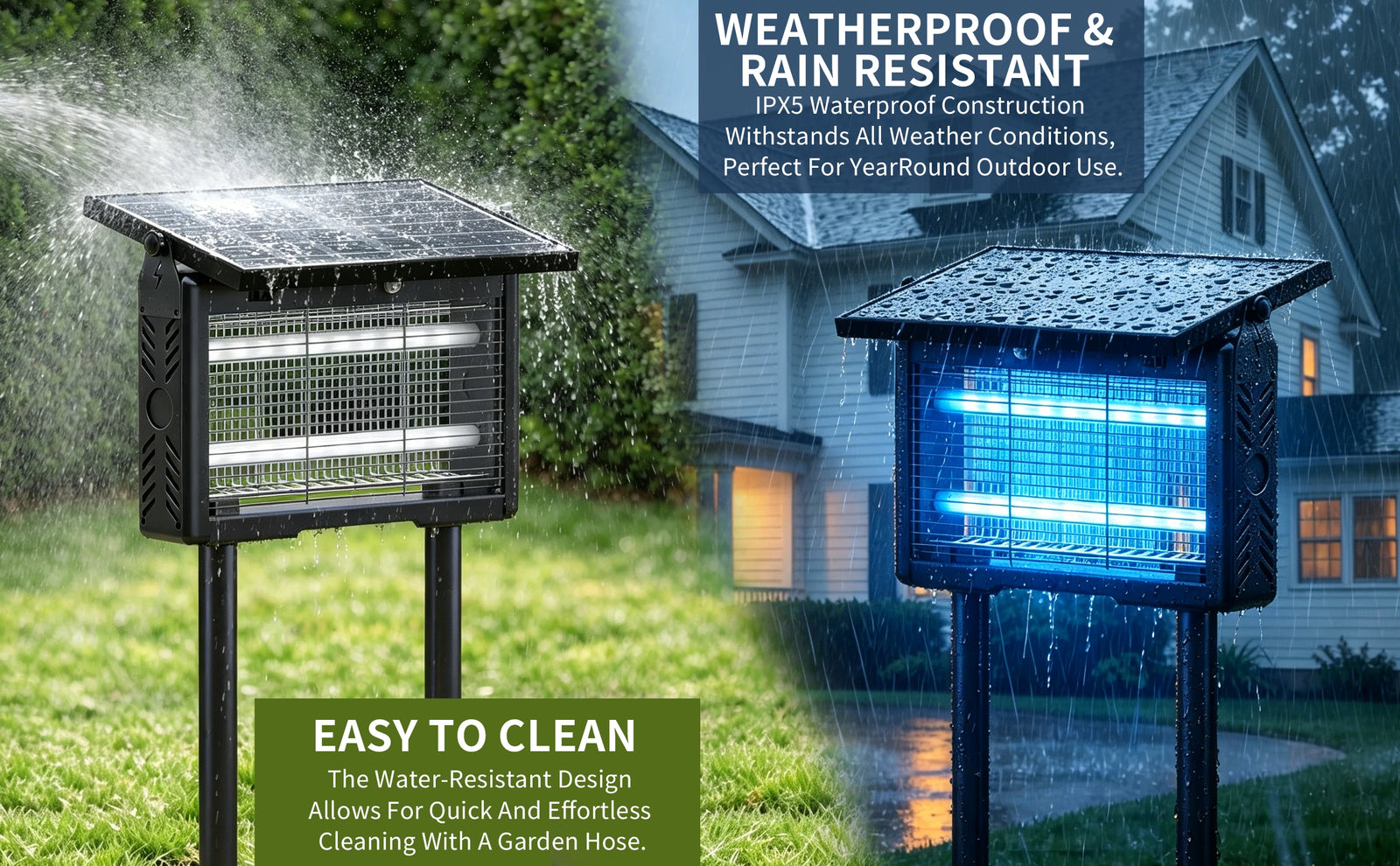 IPX5 waterproof solar mosquito lamp with weatherproof design for outdoor use in rain and sunny conditions
