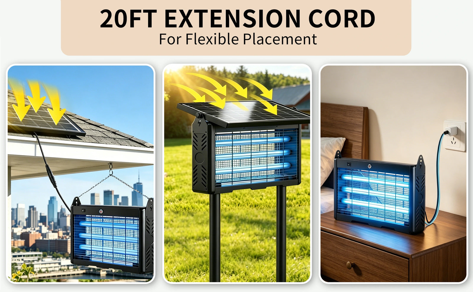Solar mosquito lamp with 20ft extension cord showing flexible installation options for roof, yard and indoor use