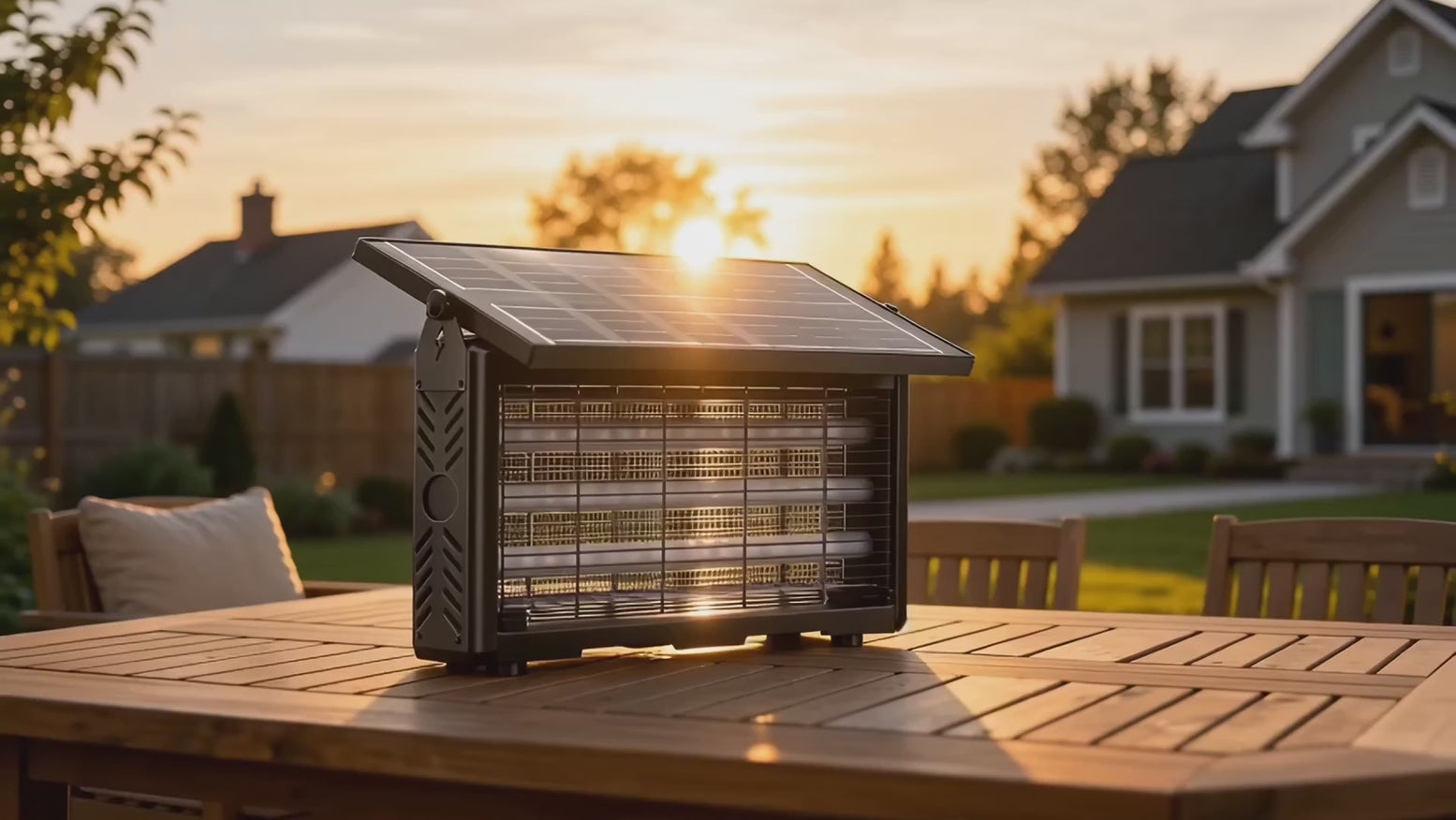 Product demo video showing solar-powered mosquito zapper: solar panel charging, hanging installation, and blue light insect trapping in outdoor and indoor settings
